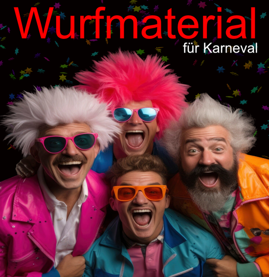 Fröhliche Männer mit bunten Perücken und Sonnenbrillen feiern Karneval, Wurfmaterial für Karneval Sponsor DAWIS