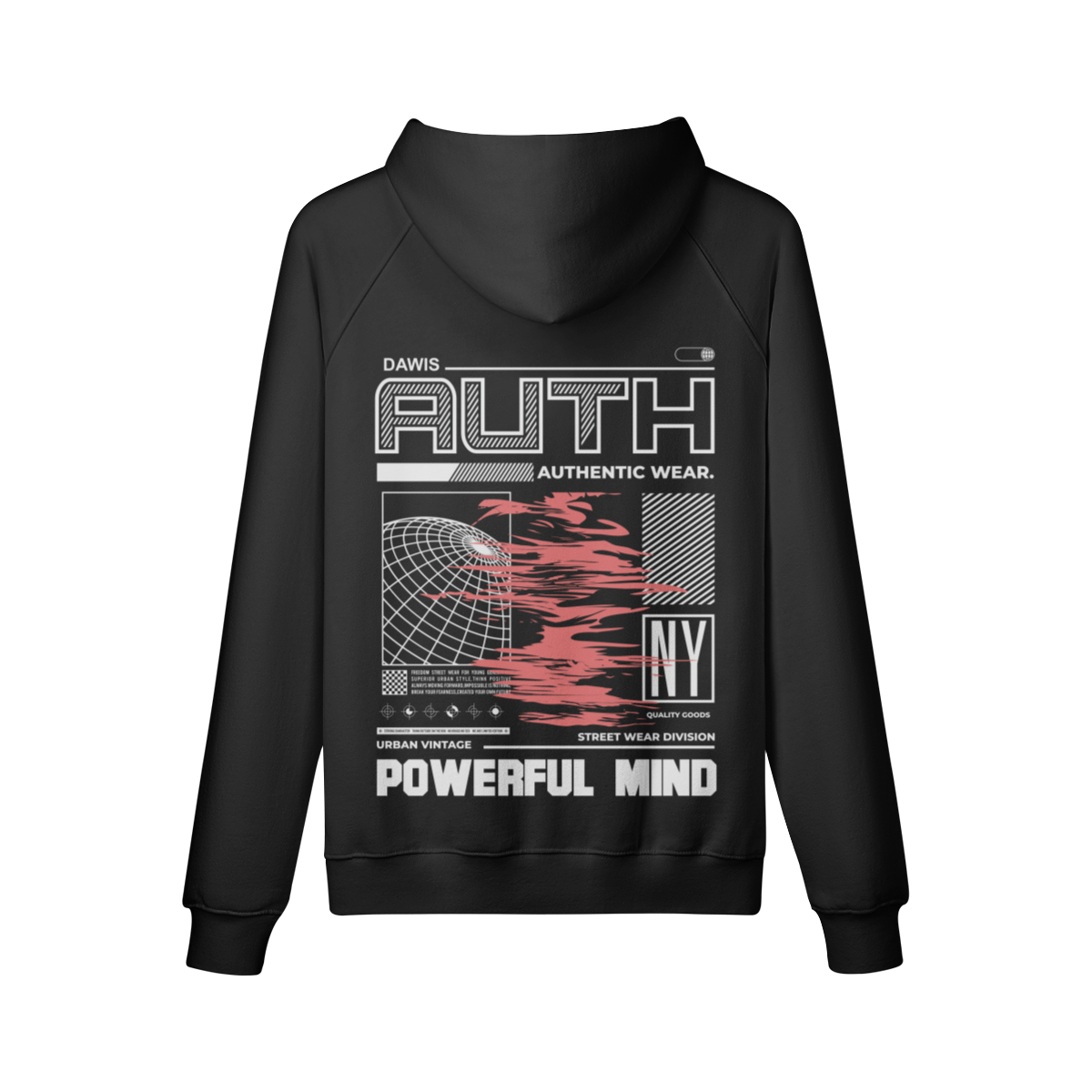 Schwarzer AUTH NY Hoodie Oversize mit auffälligem Backprint und Kängurutasche, reaktivgefärbt für langanhaltende Farbe