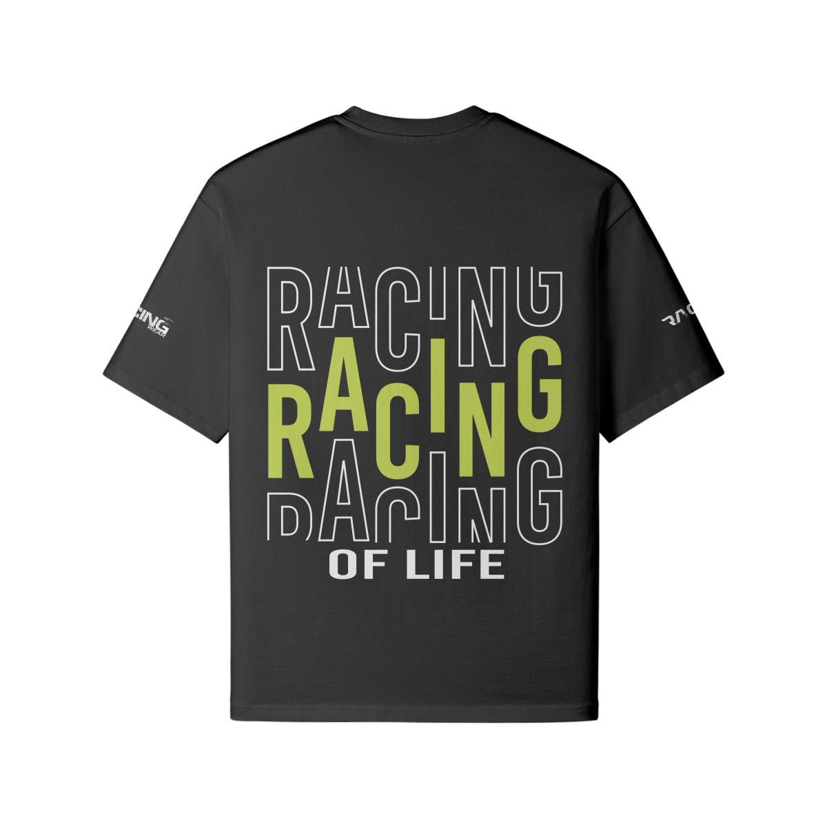 Schwarzes Oversize T-Shirt Racing of Life mit Back- und Ärmelprint aus 100 % Baumwolle, reaktiv gefärbt für langanhaltende Farbe