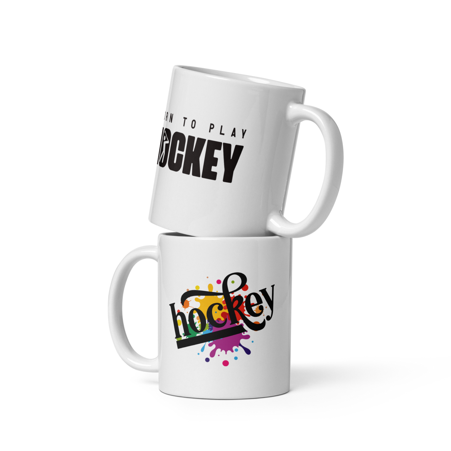 Weiße BORN TO PLAY HOCKEY Keramiktasse mit schwarzem und farbigem Aufdruck, spülmaschinen- und mikrowellengeeignet