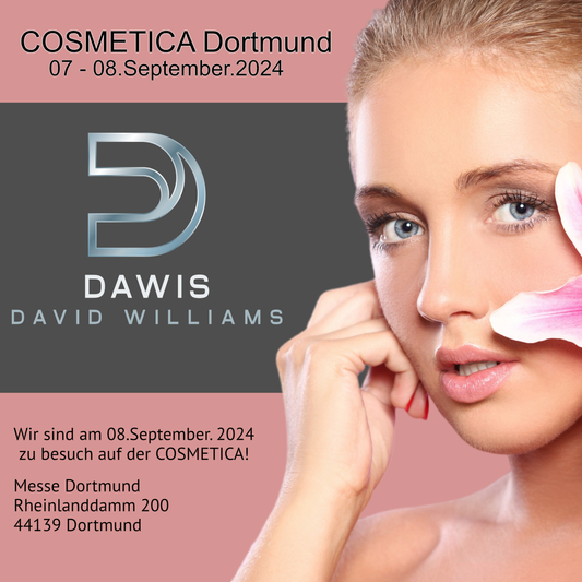 COSMETICA Dortmund 07 - 08 September 2024 beauty event promotion with Dawis David Williams logo and model with flower petals