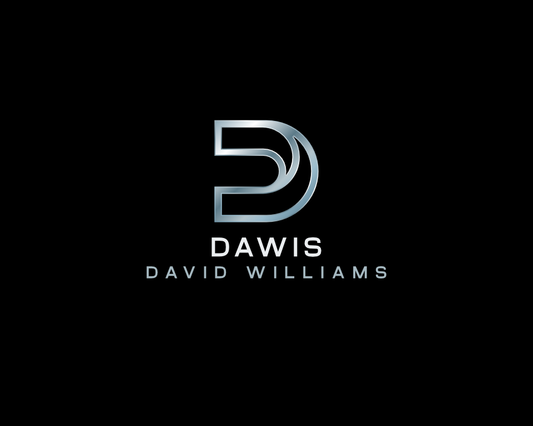 Modernes DAWIS Firmen- und Modelogo mit stilisiertem D und David Williams Schriftzug auf schwarzem Hintergrund