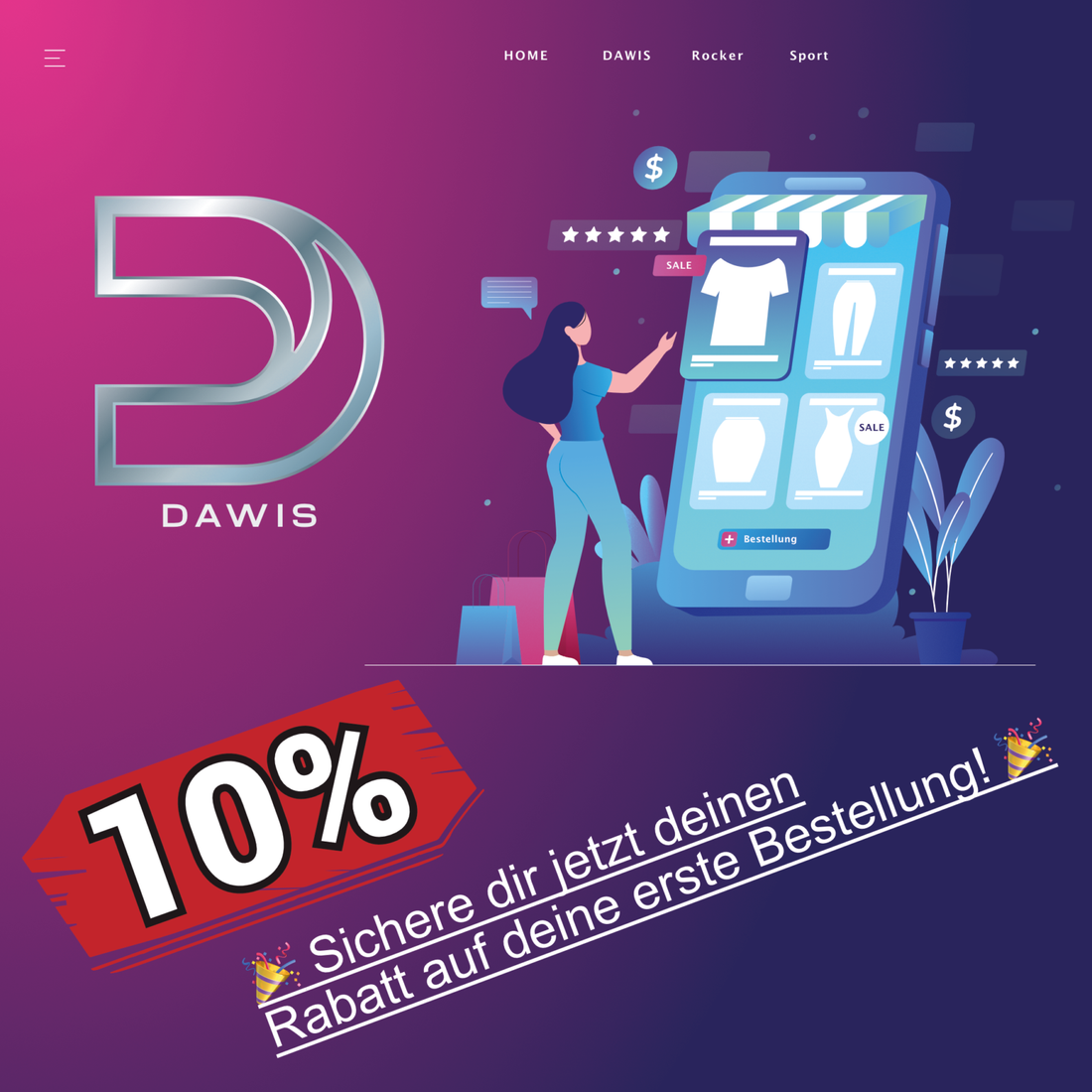 Frau nutzt Smartphone für Online-Shop mit 10% Rabatt auf erste Bestellung bei DAWIS