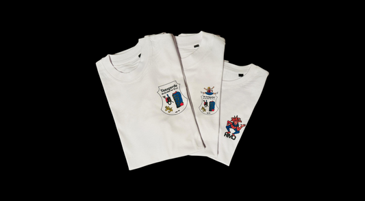 White T-shirts with KG HMJ vun '93 e.V. dance guard logos on black background in DAWIS Familie collaboration.