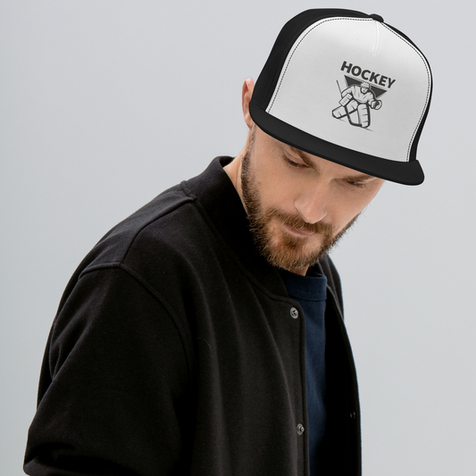 Hockey Goalie Trucker Cap with black mesh and flat brim worn by man in black jacket
