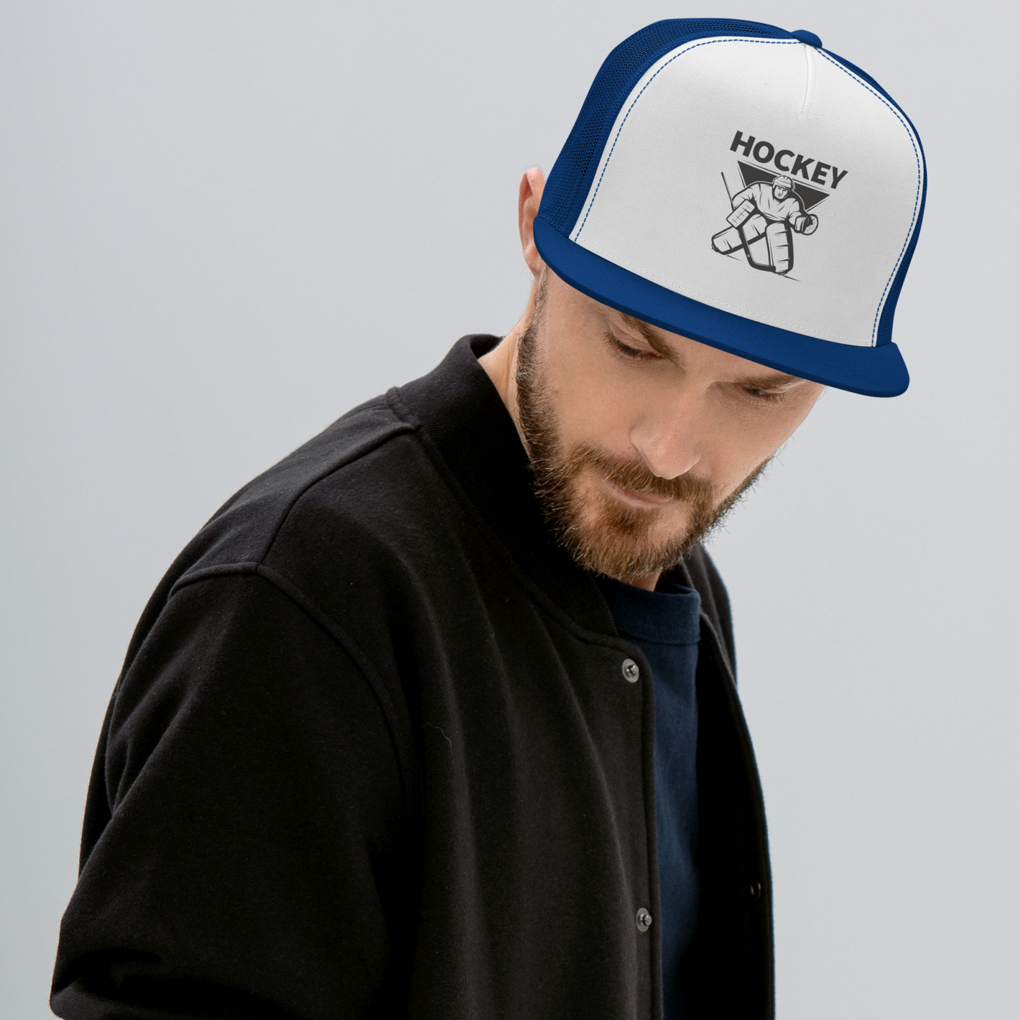 Hockey Goalie Trucker Cap mit flachem Schirm und Snapback-Verschluss, blau-weiß, für Erwachsene