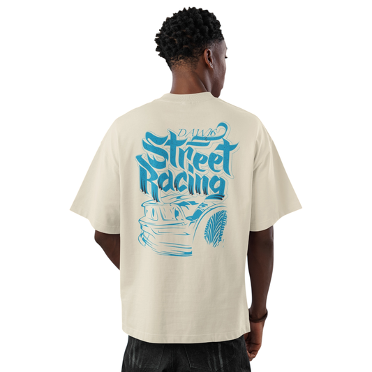 Street Racing Oversize T-Shirt aus 100% Baumwolle mit blauem Front- und Backprint und reaktiver Färbung