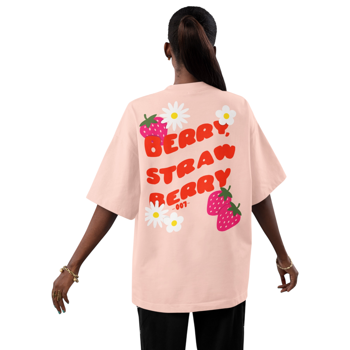 Oversize T-Shirt Strawberry - 007 aus 100% Baumwolle mit Front- und Backprint in rosa