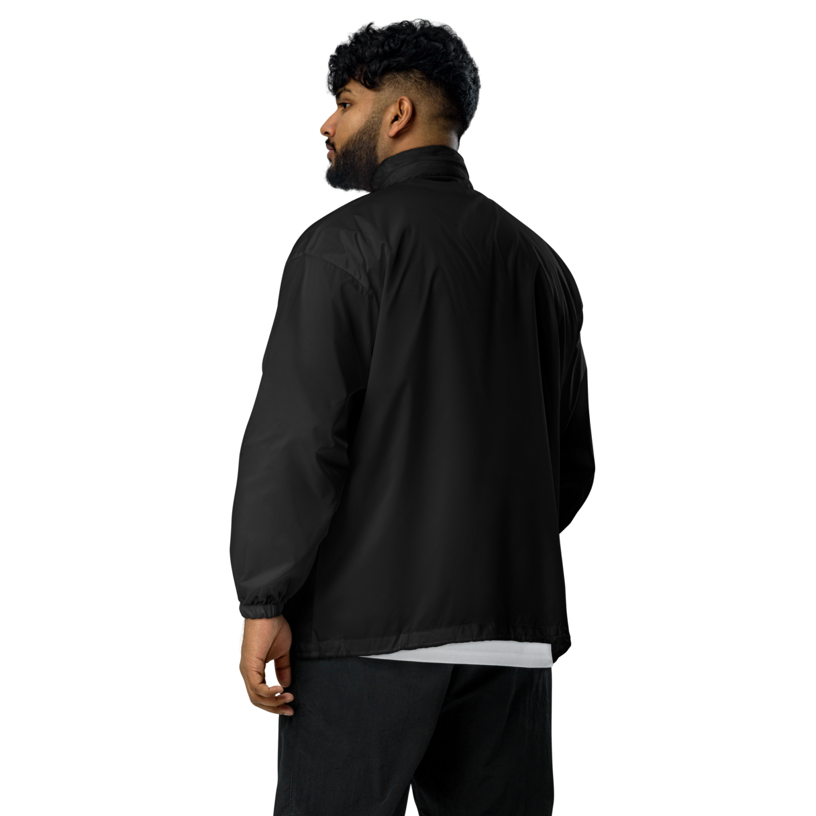 Mann trägt schwarzen DAWIS Basic-Windbreaker aus 100% Polyamid mit Kapuze und Reißverschlusstaschen, Rückansicht