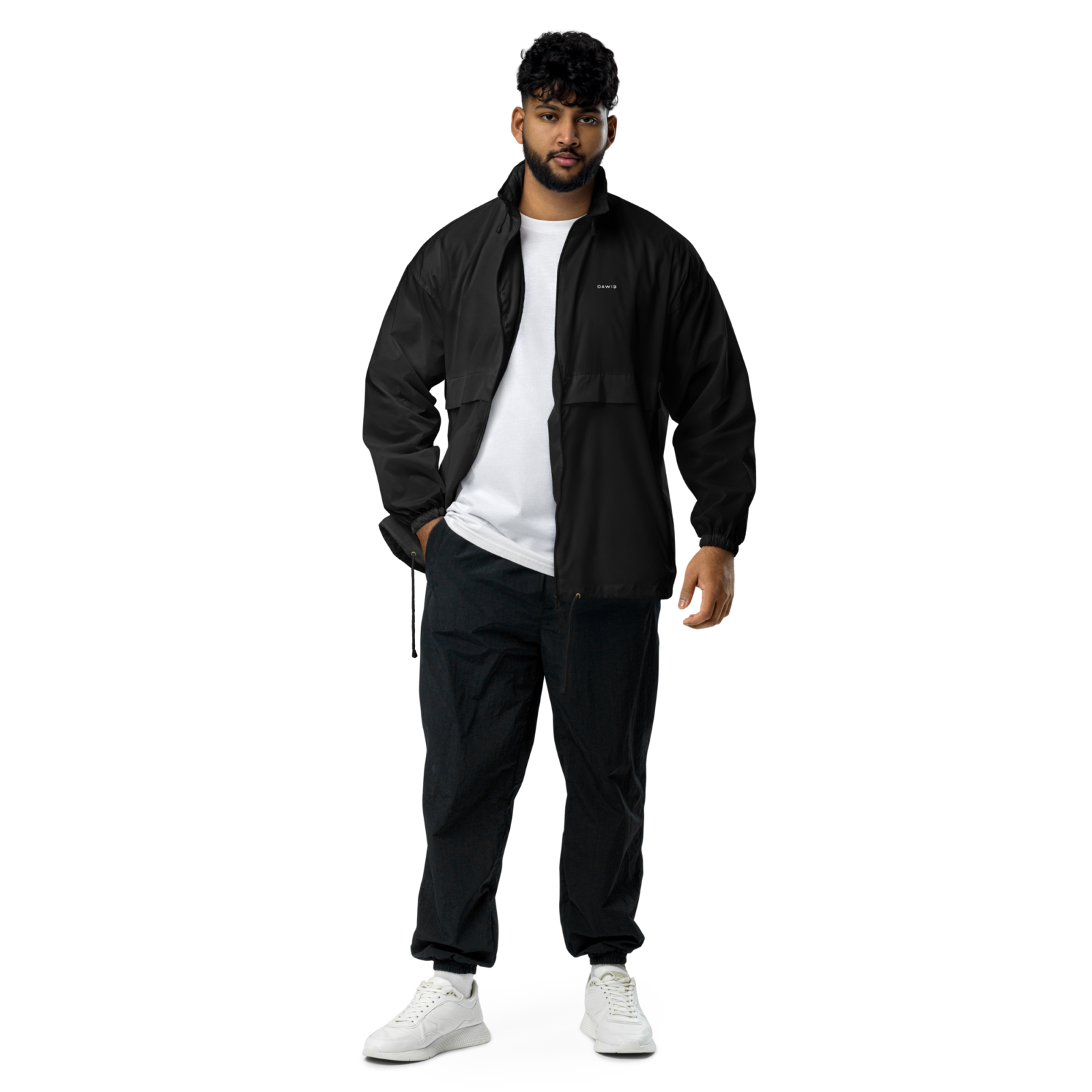 DAWIS Basic-Windbreaker Herrenjacke schwarz mit Kapuze und Reißverschluss, veganes Material, reguläre Passform