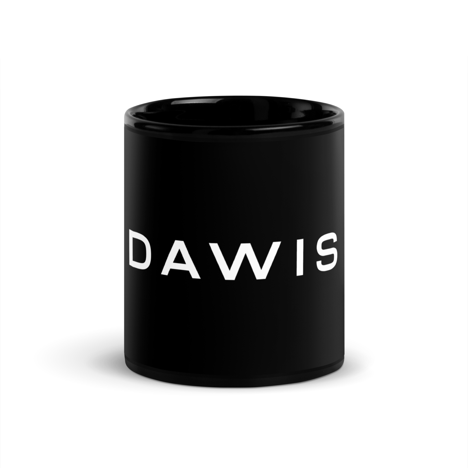 DAWIS schwarze glänzende Keramiktasse mit weißem Schriftzug, 11 oz, handwaschbar