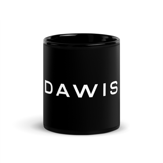 DAWIS schwarze glänzende Keramiktasse mit weißem Schriftzug, 11 oz, handwaschbar