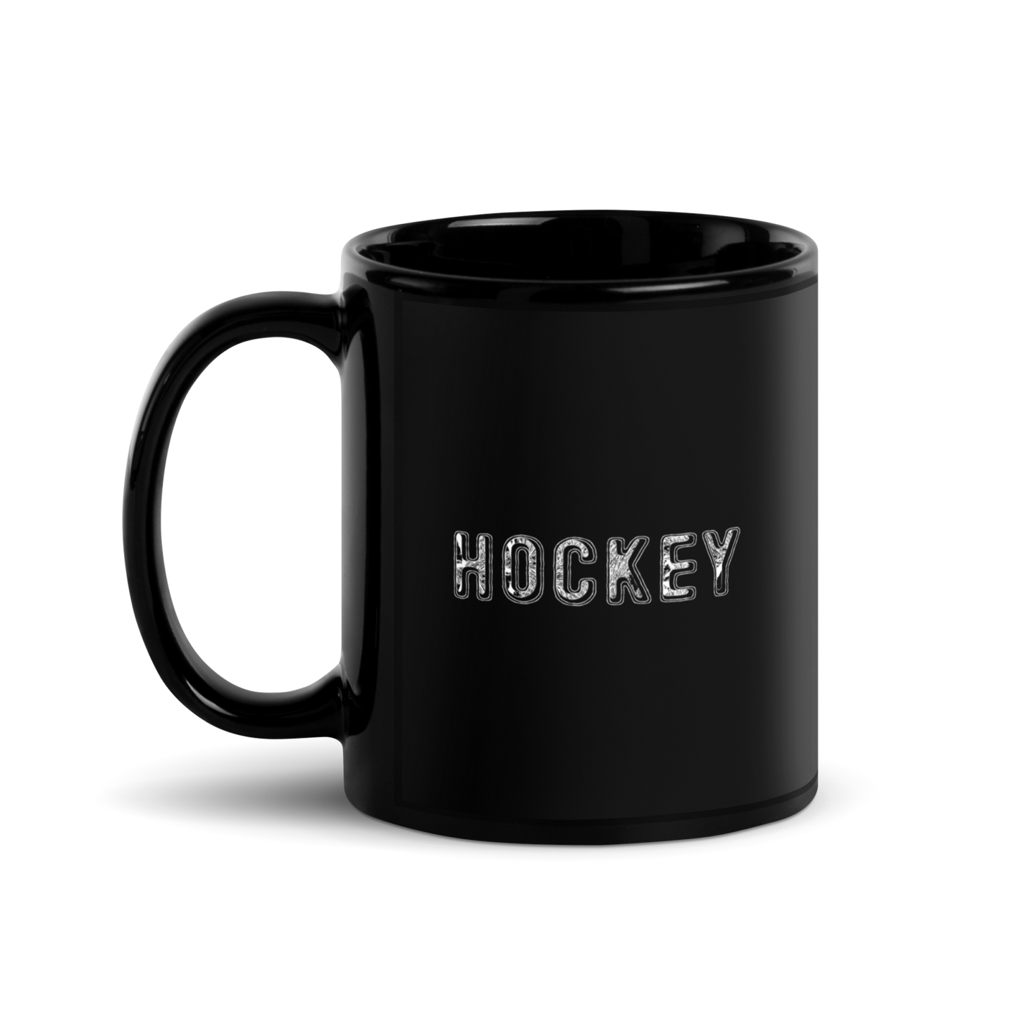 schwarze Keramik Hocke Tasse mit glänzendem Finish und weißer Hockey Schriftzug