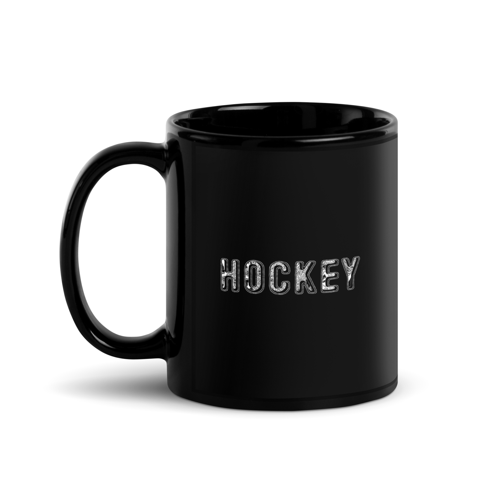 schwarze Keramik Hocke Tasse mit glänzendem Finish und weißer Hockey Schriftzug