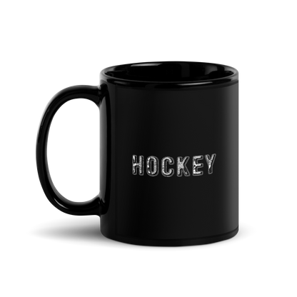 schwarze Keramik Hocke Tasse mit glänzendem Finish und weißer Hockey Schriftzug