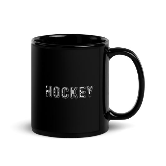 Schwarze Hocke Kaffeetasse aus Keramik mit glänzendem Finish und weißem "HOCKEY" Schriftzug.
