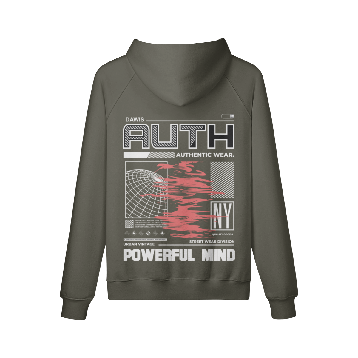 AUTH NY Hoodie mit Oversize Fit, Backprint, Kängurutasche und reaktivgefärbtem Stoff in Olivgrün