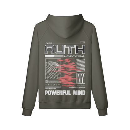 AUTH NY Hoodie mit Oversize Fit, Backprint, Kängurutasche und reaktivgefärbtem Stoff in Olivgrün