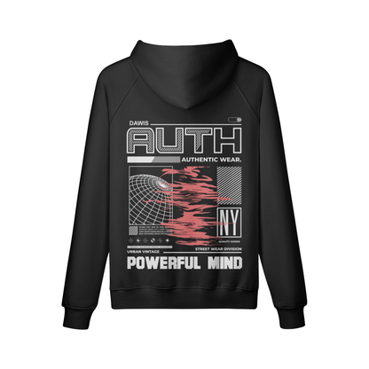 Schwarzer AUTH NY Hoodie Oversize mit auffälligem Backprint und Kängurutasche, reaktivgefärbt für langanhaltende Farbe