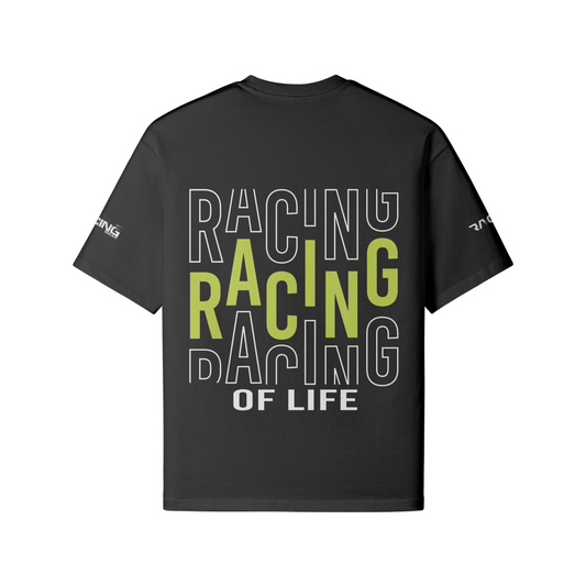 Schwarzes Oversize T-Shirt Racing of Life mit Back- und Ärmelprint aus 100 % Baumwolle, reaktiv gefärbt für langanhaltende Farbe