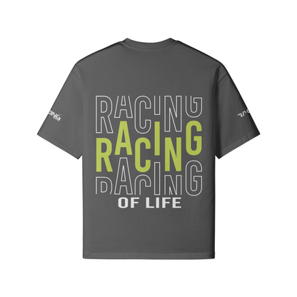 Oversize Fit T-Shirt Racing of Life mit Druck auf Rücken und Ärmeln aus reaktiv gefärbter Baumwolle