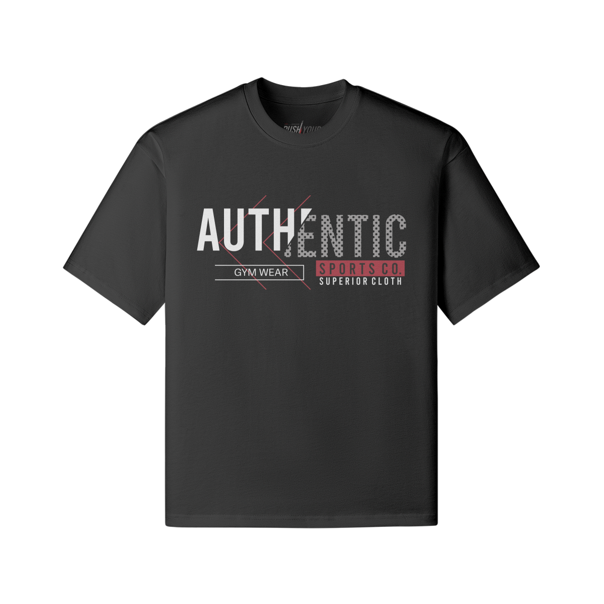 Authentic Sport Oversize T-Shirt aus 100% Baumwolle mit Front- und Rückendruck, schwarzes Gym Wear Shirt