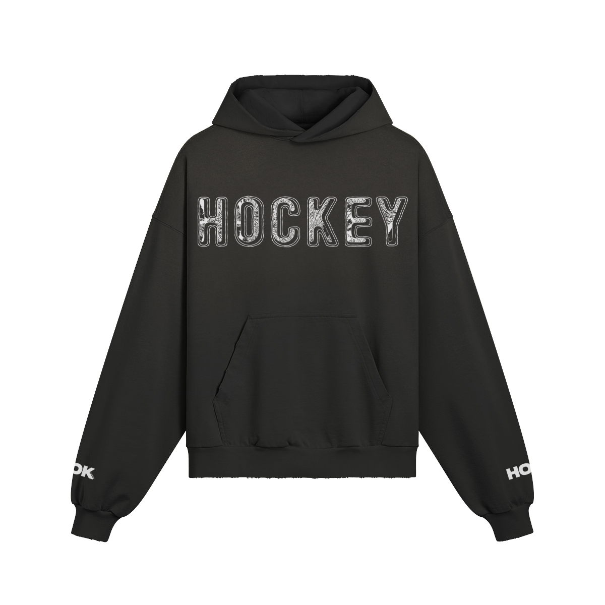 Oversize Hoodie aus 100% Baumwolle mit verwaschenem Effekt und "Hockey" Print vorne und an den Ärmeln, reaktivgefärbt für langanhaltende Farbe