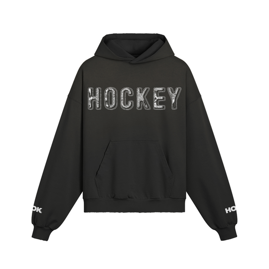 Oversize Hoodie aus 100% Baumwolle mit verwaschenem Effekt und "Hockey" Print vorne und an den Ärmeln, reaktivgefärbt für langanhaltende Farbe