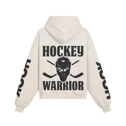 Oversize Hoodie Hockey Warrior mit Back- und Ärmelprint, Kängurutasche und verwaschenem Effekt aus 100% Baumwolle