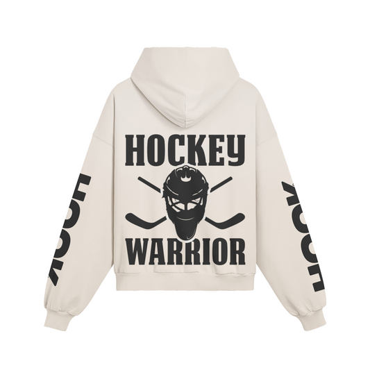 Oversize Hoodie Hockey Warrior mit Back- und Ärmelprint, Kängurutasche und verwaschenem Effekt aus 100% Baumwolle