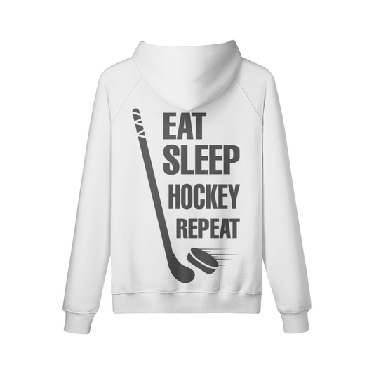 Weißer Oversize Hoodie mit Aufdruck "Hockey EAT SLEEP HOCKEY REPEAT" und Hockeyschläger-Motiv hinten, 100 % Baumwolle, Kängurutasche, reaktivgefärbt