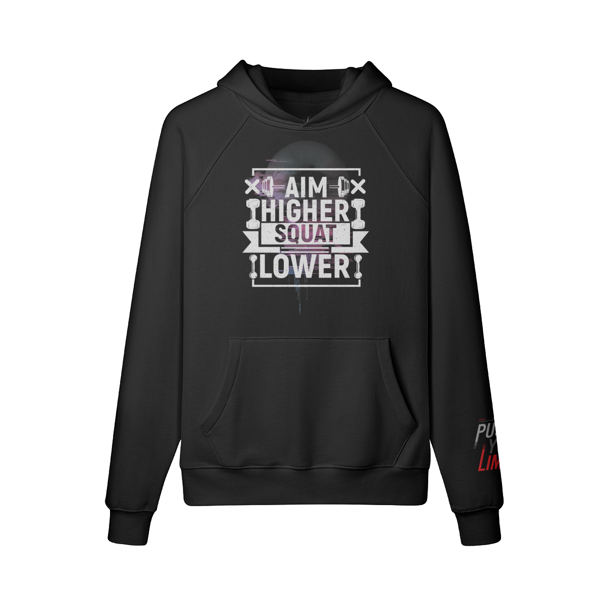 Schwarzer Aim Higher Hoodie mit Oversize Fit, Front- und Ärmelprint, aus 100% Baumwolle, 380g/m², reaktivgefärbt für langanhaltende Farbe