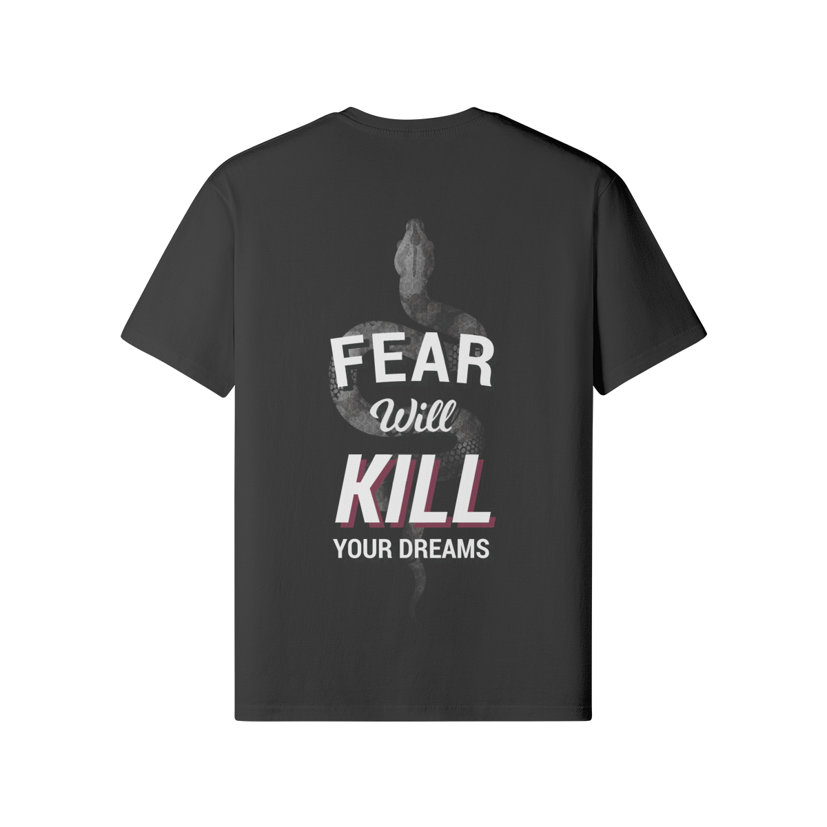 Schwarzes Oversize T-Shirt mit "FEAR WILL KILL YOUR DREAMS" Schriftzug und Schlangenmotiv aus 100 % Baumwolle