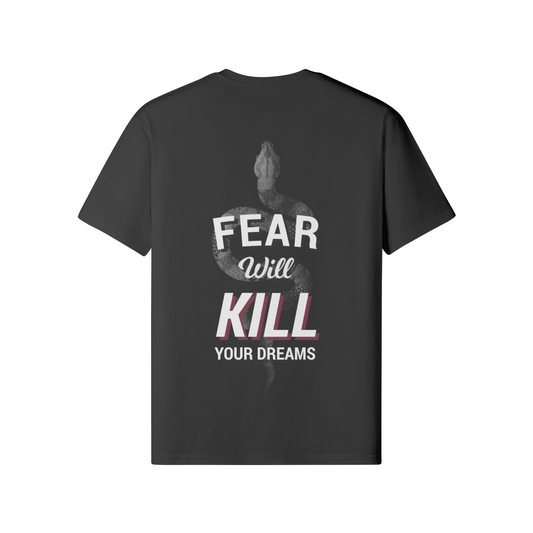 Schwarzes Oversize T-Shirt mit "FEAR WILL KILL YOUR DREAMS" Schriftzug und Schlangenmotiv aus 100 % Baumwolle