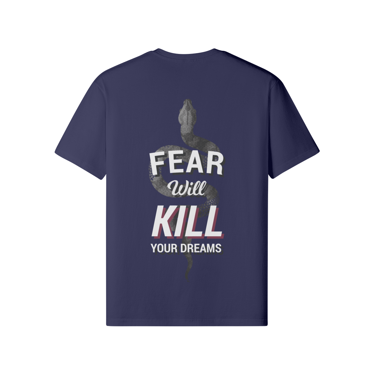 Dunkelblaues Oversize-T-Shirt aus 100% Baumwolle mit Aufdruck "FEAR WILL KILL YOUR DREAMS" und Schlangenmotiv