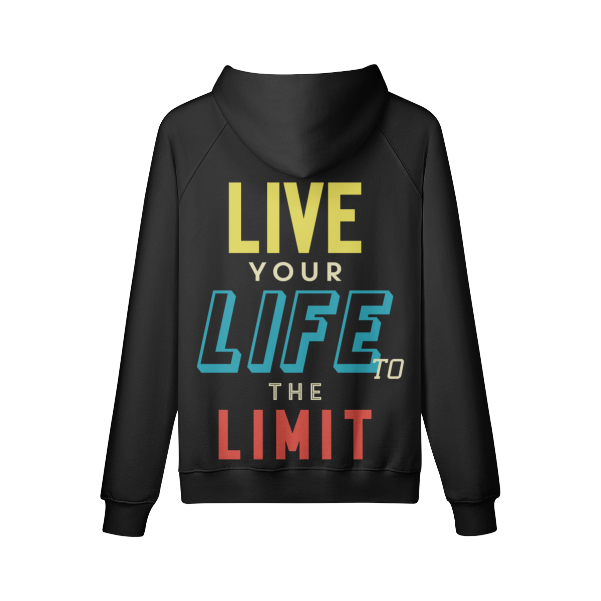 Schwarzer LIVE LIFE LIMIT Hoodie mit oversized Passform, Front- und Backprint, Kängurutasche und 100% Baumwolle