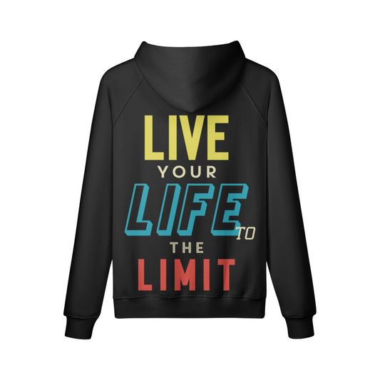 Schwarzer LIVE LIFE LIMIT Hoodie mit oversized Passform, Front- und Backprint, Kängurutasche und 100% Baumwolle