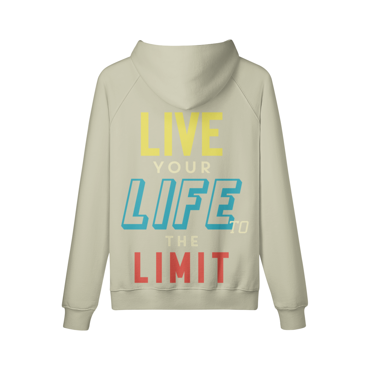 Beiger Hoodie mit Front- und Backprint "LIVE LIFE LIMIT", Oversize Fit, 100% Baumwolle, Kängurutasche, reaktivgefärbt für langlebige Farbe