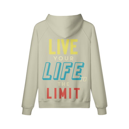 Beiger Hoodie mit Front- und Backprint "LIVE LIFE LIMIT", Oversize Fit, 100% Baumwolle, Kängurutasche, reaktivgefärbt für langlebige Farbe