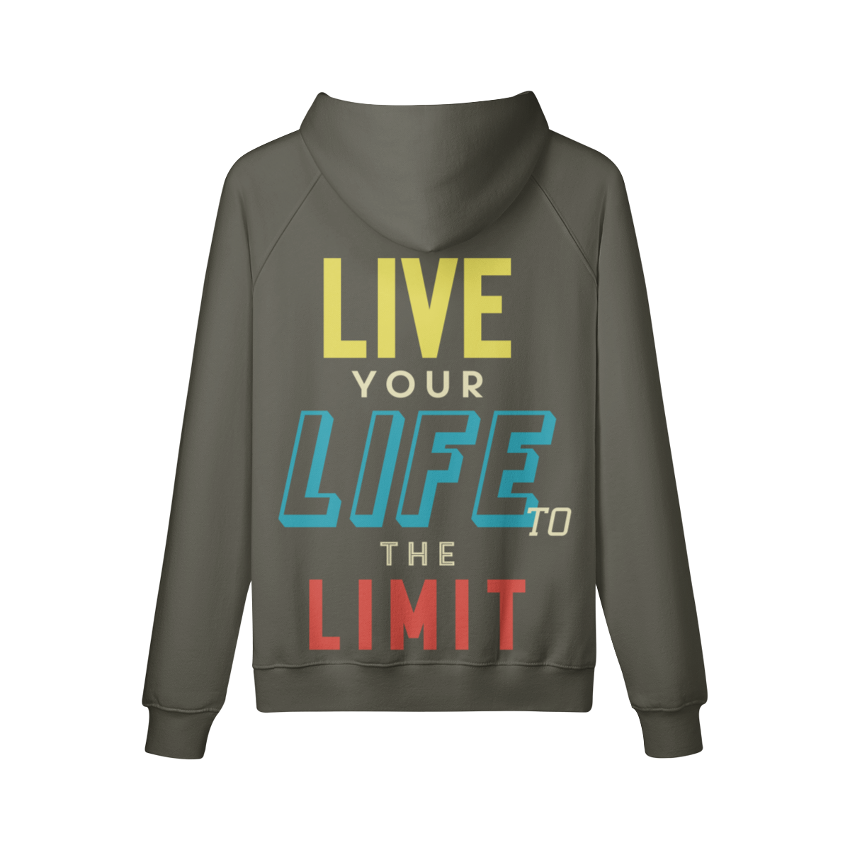 Olivegrüner Oversize Hoodie LIVE LIFE LIMIT mit Front- und Backprint aus 100% Baumwolle und Kängurutasche