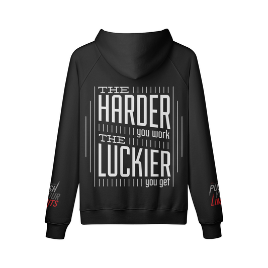 Schwarzer Oversize Hoodie The Harder mit weißem Rückenprint, Ärmeldruck und Kängurutasche aus 100 % Baumwolle