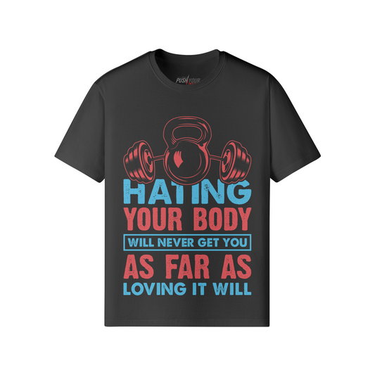 Schwarzes Your Body T-Shirt mit Frontprint, klassische Passform, 100% Baumwolle, reaktivgefärbt für langanhaltende Farben