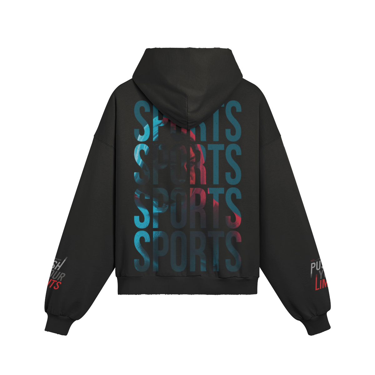 Schwarzer Oversize Hoodie mit SPORT-Print hinten und Kängurutasche