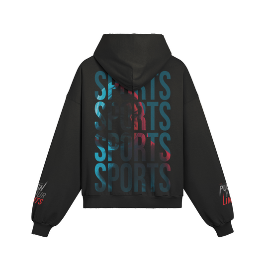 Schwarzer Oversize Hoodie mit SPORT-Print hinten und Kängurutasche