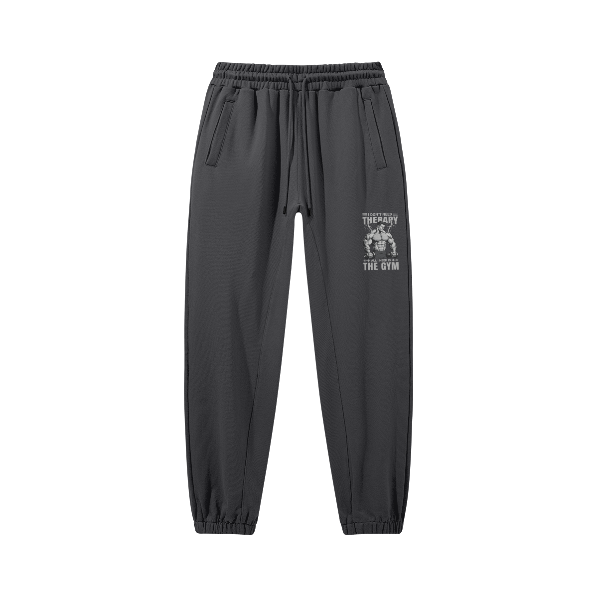 schwarze I DON'T NEED A THERAPY Jogginghose mit Front- und Backprint, elastischem Bund und Kordelzug