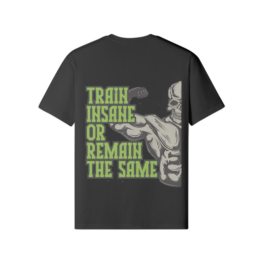 Train Insane T-Shirt schwarz mit Front- und Rückendruck Muskel-Skelett-Motiv und Spruch, 100% Baumwolle, klassische Passform