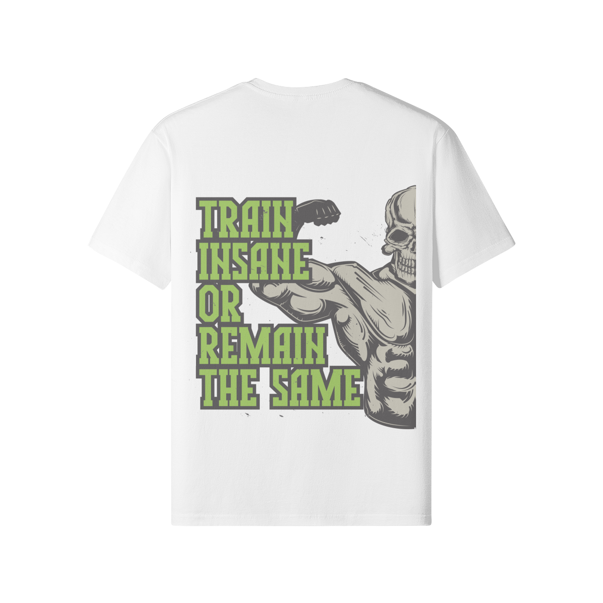 weißes Train Insane T-Shirt mit Rückendruck Muskel-Skelett-Motiv und grünem Schriftzug