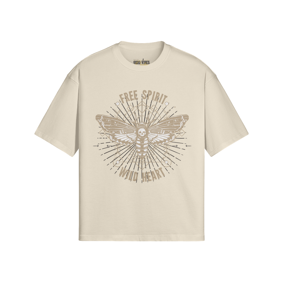Free Spirit Oversize Baumwollshirt mit Frontprint Schmetterling und Totenkopf in beige