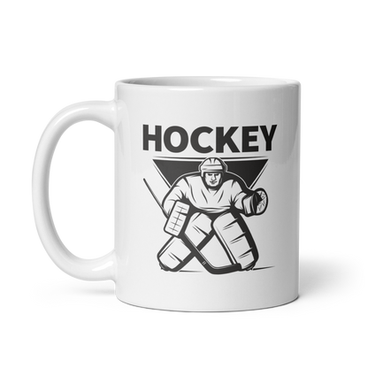 Weiße Keramiktasse mit Hockey Goalie Motiv, spülmaschinen- und mikrowellengeeignet